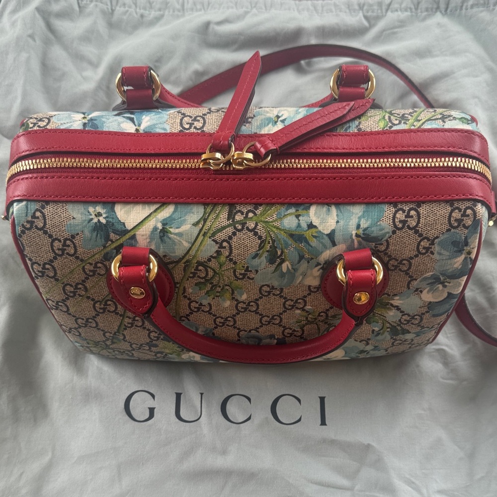 Authentic- Gucci Floral Canvas and Red Leather Satchel